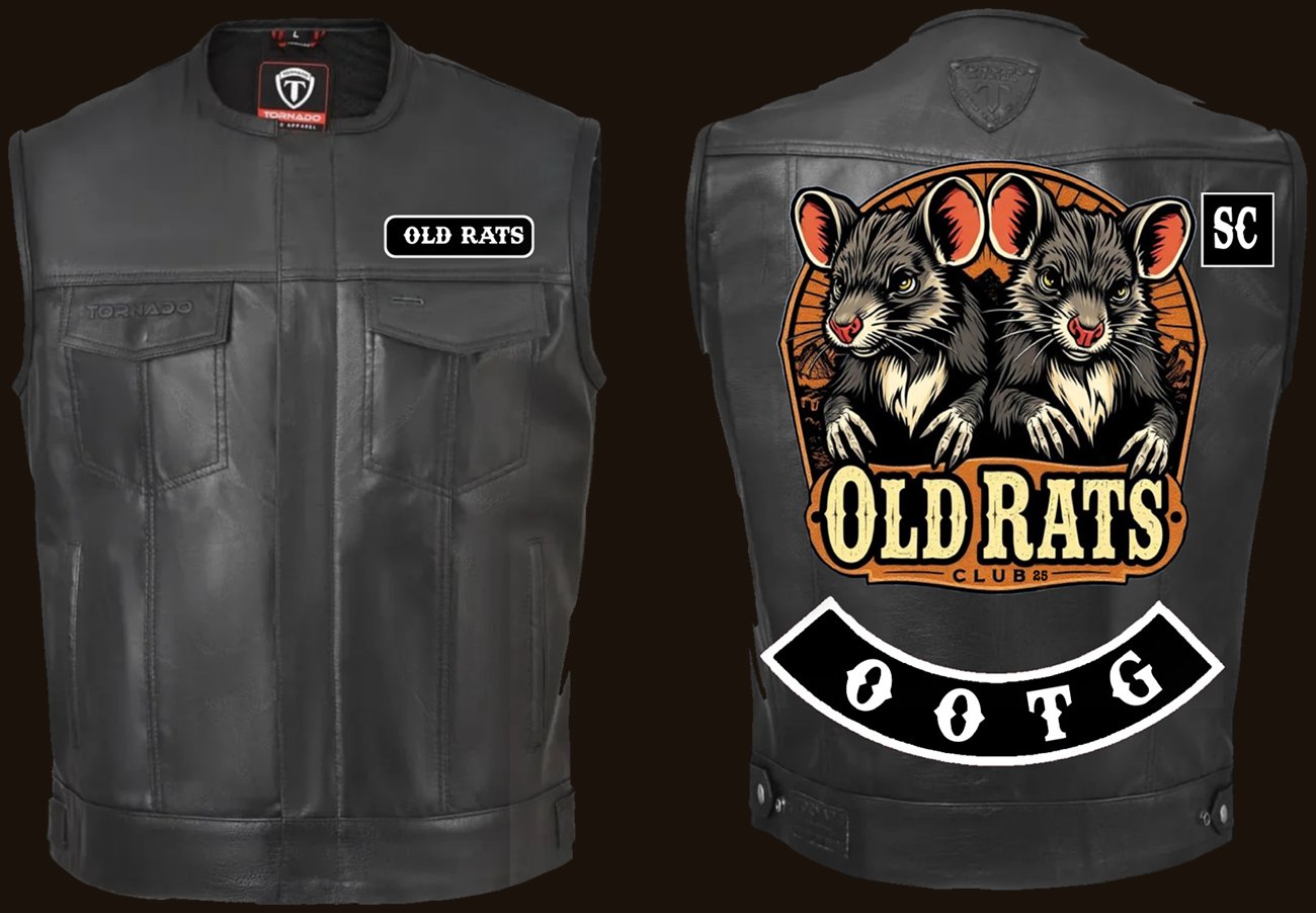 Het vest van de KERN-leden van Old Rats Club25 — voorkant met het naampatch en achterkant met het clublogo, het SC-patch en de bottom rocker O.O.T.G.